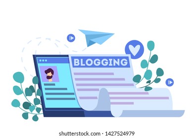 Blogging concept web banner. Share content in the internet and get review. Idea of social media and network. Feedback, communication and popularity. Isolated vector illustration in cartoon style