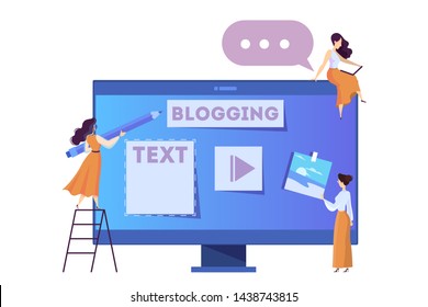 Blogging concept web banner. Share content in the internet and get review. Idea of social media and network. Feedback, communication and popularity. Isolated vector illustration in cartoon style