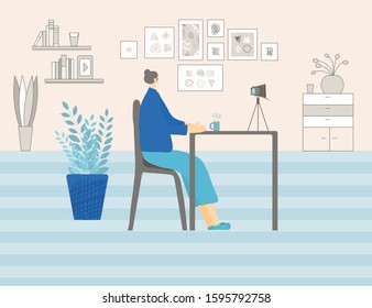 Blogging concept. Well-balanced lady dressed in cozy clothes talking about life with her followers. Mature blogger making video for channel in social media in her room. Vector flat illustration.