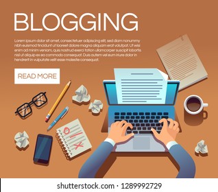 Blogging concept. Writing story book and blog articles. Writer journalist copywriter type on laptop vector illustration