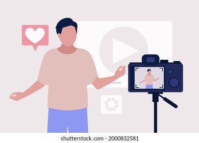 Blogging concept. Young character creates video for his blog. Vector set in a flat style