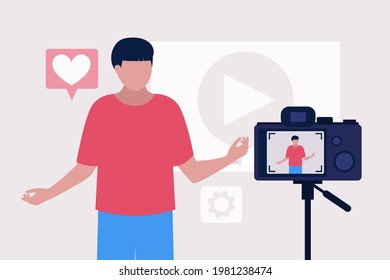 Blogging concept. Young man creates video for his blog Vector set in a flat style
