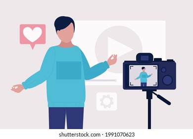 Concepto de blogueo. Joven crea un video para su blog Vector ambientado en un estilo plano