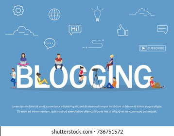 Blogging concept of young people using laptops and tablets for reading blogs and websites.