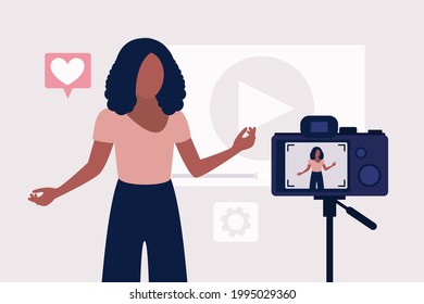 Blogging concept. Young woman creates video for his blog. Vector set in a flat style