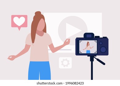 Blogging concept. Young woman creates video for his blog. Vector set in a flat style