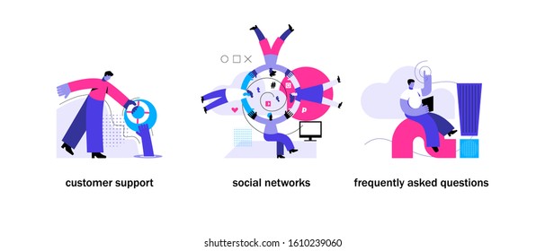 Blogging concepts set. Customer support, social networks, frequently asked questions. Mobile app page set templates. Flat Vector Illustration