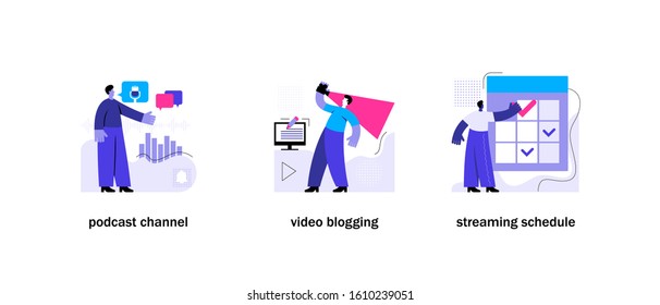 Blogging concepts set. Podcast channel, Video blogging, Streaming schedule. Mobile app page set templates. Flat Vector Illustration