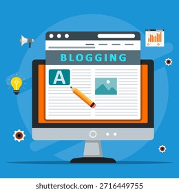Ilustración de concepto de creación de contenido y blogs que muestra artículos de escritura, publicación digital, producción de medios en línea e ideas creativas mostradas en una pantalla de computadora.