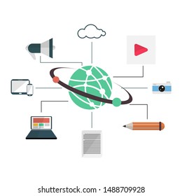 Blogging content Management in flat design. Articles and media materials uploading process.
