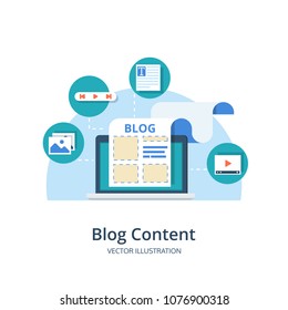 Blogging, Content Management, SMM concept in flat design. Creating, marketing and sharing of digital - vector illustration.