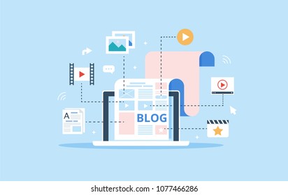 Blogging, Content Management and SMM concept in flat design. The blog page fill out with content. Articles and media materials uploading process. Creating, marketing and sharing of digital - vector