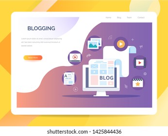 Blogging, Content Marketing and SMM concept in flat design. The blog page fill out with content. articles and media materials uploading process. Creating, marketing and sharing of digital - vector ill
