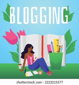 Blogging and creating content for social media banner or poster concept with female blogger character. Blog update and content creation, flat vector illustration.