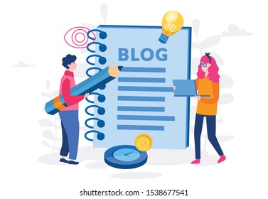 Blogging, creative writing a blog, content for web page, banner, presentation, social media, documents, cards, posters. Vector illustration