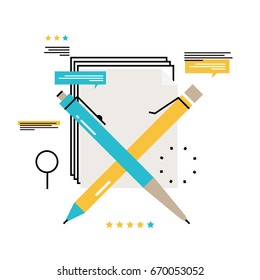 Blogging, creative writing, content management, writing articles, news, consulting, copywriting, seminars, tutorials, workshops flat line vector illustration design for mobile and web graphics