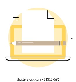 Blogging and creative writing icon. Content management, writing articles, news, internet blogging, consulting, copywriting flat line business vector illustration banner for mobile and web graphics