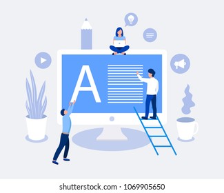 Blogging design concept. Small people write the text, make blog content. Trendy flat design. Vector illustration.