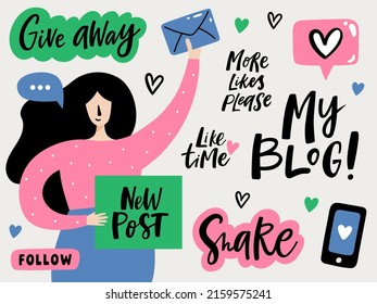 Blogging design elements set. Blogger girl creating content for social media. Creative phrases, buttons for blog posts. Cute vector illustration