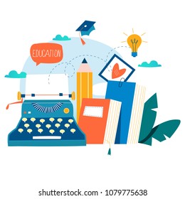 Blogging, education, creative writing, content management, writing articles, news, copywriting, seminars, tutorials, workshops flat vector illustration design for mobile and web graphics