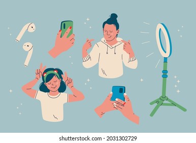 Blogging elements set. Ring light, wireless headphones, smartphone, digital content creator.