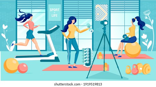 Blogging Everyday Life. Fit Brunette Sharing Secret Fit Body with Subscriber, Shooting Her Training with Dumbbell in Local Gym. Her Friend on Running Track and Fitness Ball Exercising.