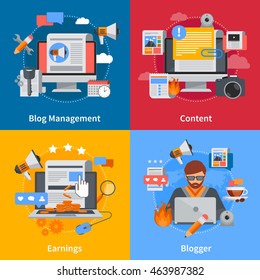 Blogging flat 2x2 icons set with blogger blog management content and earrings on colorful backgrounds isolated vector illustration