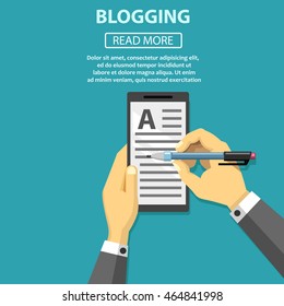 Blogging, flat business concept. Illustration with hands holding phone and pen.