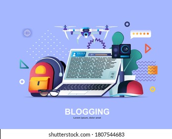 Blogging flat concept with gradients. Quality content creation for social media web template. Network communication, vlogging occupation with camera 3d composition, vector illustration.