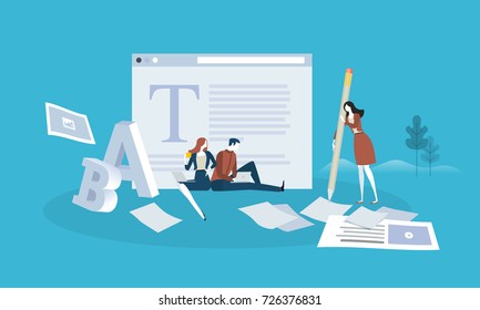 Blogging. Flat design people and technology concept. Vector illustration for web banner, business presentation, advertising material.