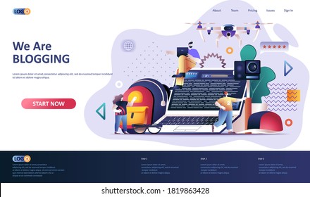 Blogging flat landing page template. Quality content creation for social media web banner. Network communication, vlogging occupation with camera 3d composition. Web page vector illustration.