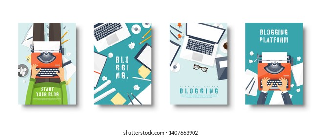 Blogging flat style covers set. Create your blog, vlog. Typewriter with hands. Vector illustration.