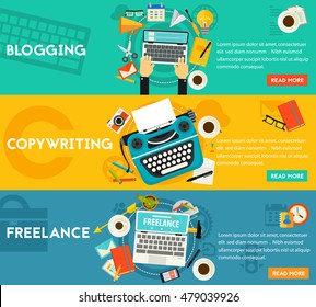 Banners de Conceito de Blogging, Freelance e Edição de Texto. Composição horizontal, ilustrações vetoriais