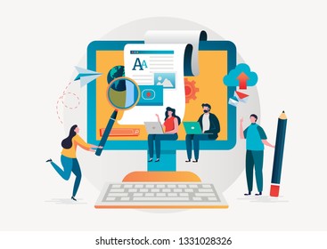 Blogging. Freelance. Creative writing. Copy writer. Content management. Flat cartoon miniature  illustration vector graphic on white background.