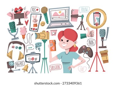 Blogueo dibujado a mano conjunto con blogger bastante femenina y varios Elementos coloridos estilo doodle