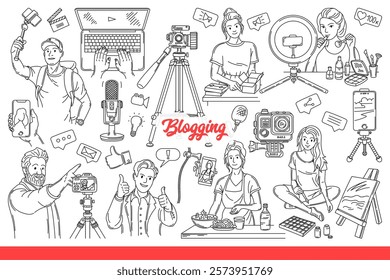 Blogging hobbies for men and women talking about traveling or cooking and starting business. Blogging inscription near devices for podcasting and recording live broadcasts on camera. Hand drawn.