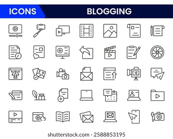 Blogging icon collection. Containing, influencer, content, creation, vlogger, social media, digital marketing, and community icons. Vector illustration.