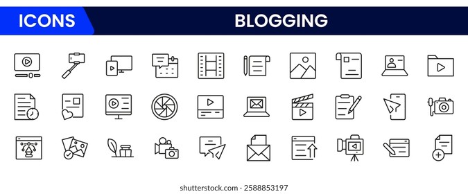 Blogging icon collection. Containing, influencer, content, creation, vlogger, social media, digital marketing, and community icons. Vector illustration.