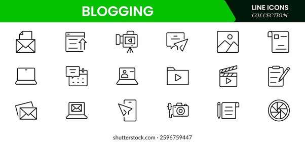 Blogging icon collection. Containing, influencer, content, creation, vlogger, social media, digital marketing, and community icons. Vector illustration.