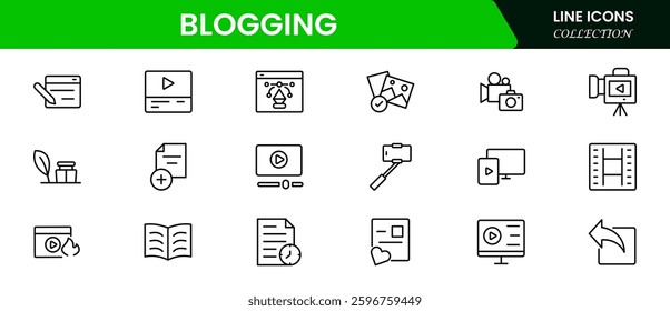 Blogging icon collection. Containing, influencer, content, creation, vlogger, social media, digital marketing, and community icons. Vector illustration.