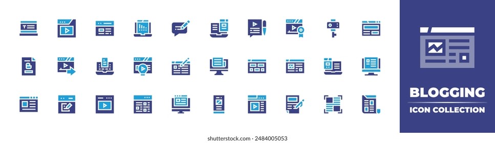 Blogging icon collection. Duotone color. Vector illustration. Containing blogging, blog, vlog, article, dashboard, lightbulb, newspaper, website, copywriter, send.