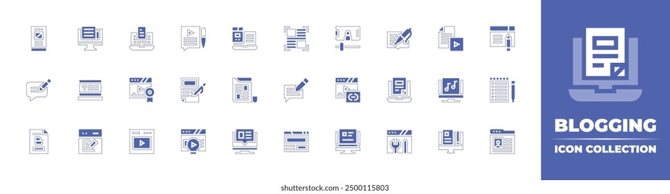 Blogging icon collection. Duotone style line stroke and bold. Vector illustration. Containing blog, article, content, blogging, news, link, contentmarketing, browser, music, diy, videostreaming.