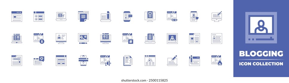 Blogging icon collection. Duotone style line stroke and bold. Vector illustration. Containing blog, website, blogger, post, laptop, web, content, marketing, trendingvideo, hashtag.