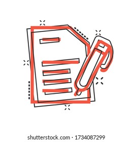 Blogging icon in comic style. Document with pen cartoon vector illustration on white isolated background. Content splash effect business concept.