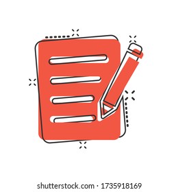 Blogging icon in comic style. Document with pen cartoon vector illustration on white isolated background. Content splash effect business concept.