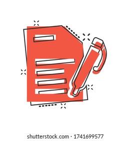 Blogging icon in comic style. Document with pen cartoon vector illustration on white isolated background. Content splash effect business concept.