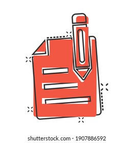 Blogging icon in comic style. Document with pen cartoon vector illustration on white isolated background. Content splash effect business concept.