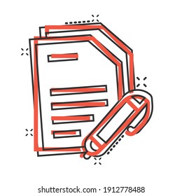 Icono de blogueo en estilo cómico. Documento con la ilustración vectorial de la caricatura de lápiz sobre fondo aislado blanco. Concepto de negocio de efecto de salpicadura de contenido.