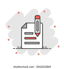 Blogging icon in comic style. Document with pen cartoon vector illustration on white isolated background. Content splash effect business concept.