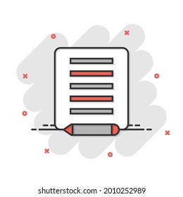 Blogging icon in comic style. Document with pen cartoon vector illustration on white isolated background. Content splash effect business concept.